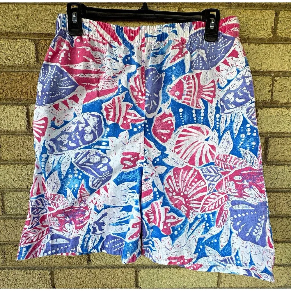 Vintage C'est Joli Women’s Shorts M Blue Pink White Fish Print with Drawstring